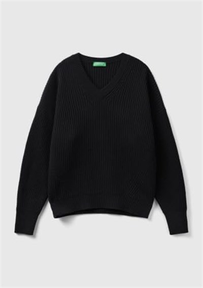 United Colors of Benetton Yün Karışımlı Boxy Fit V Yaka KazakTrikoKadın