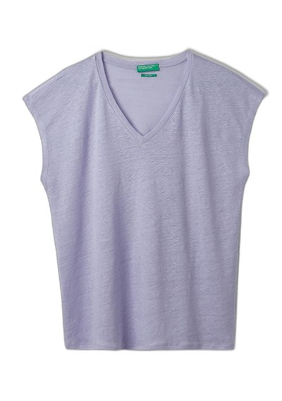 United Colors of Benetton%100 Keten Rahat Kalıp Derin V Yaka Kolsuz T-ShirtT-ShirtKadın