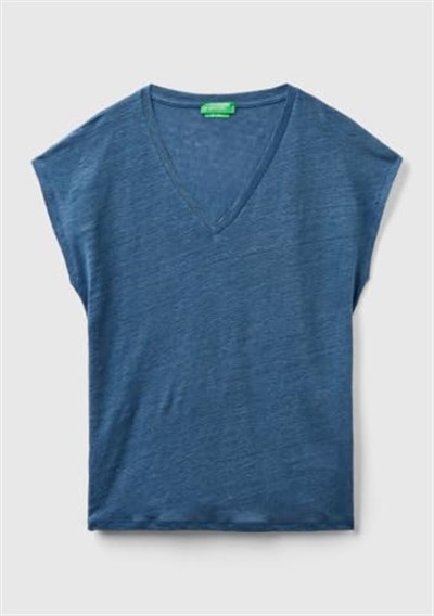 United Colors of Benetton%100 Keten Rahat Kalıp Derin V Yaka Kolsuz T-Shirt T-Shirt Kadın