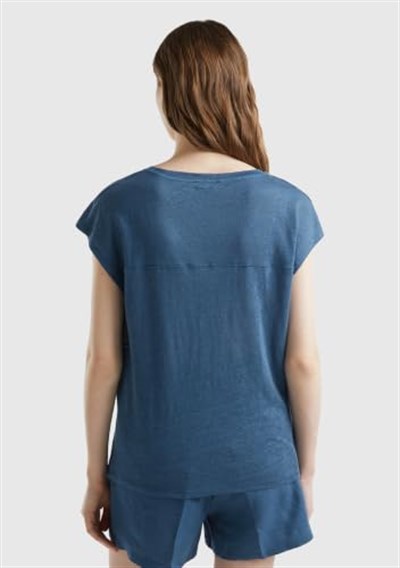 United Colors of Benetton%100 Keten Rahat Kalıp Derin V Yaka Kolsuz T-Shirt T-Shirt Kadın
