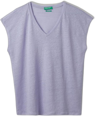 United Colors of Benetton%100 Keten Rahat Kalıp Derin V Yaka Kolsuz T-ShirtT-ShirtKadın
