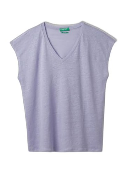 United Colors of Benetton%100 Keten Rahat Kalıp Derin V Yaka Kolsuz T-ShirtT-ShirtKadın