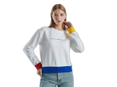 United Colors of Benetton%100 Pamuk Önü Logo Baskılı Ribanalı Bisiklet Yaka Sweatshirt Sweatshirt Kadın