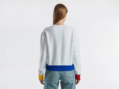 United Colors of Benetton%100 Pamuk Önü Logo Baskılı Ribanalı Bisiklet Yaka Sweatshirt Sweatshirt Kadın
