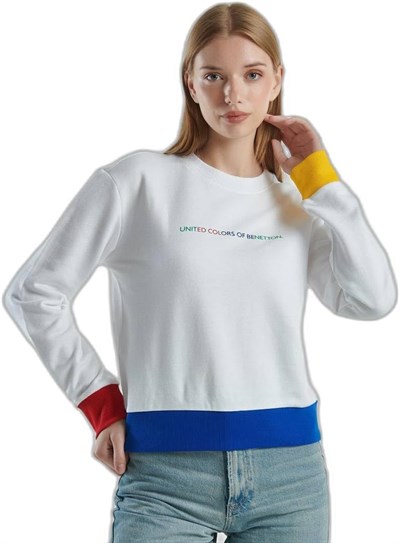 United Colors of Benetton%100 Pamuk Önü Logo Baskılı Ribanalı Bisiklet Yaka Sweatshirt Sweatshirt Kadın