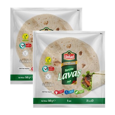 Untad Premium Tortilla Lavaş, Soft, Vegan, Helal, 25 cm, 8 Adet, 560 g, 2 Paket