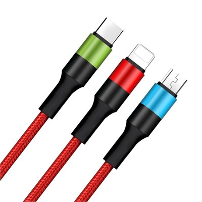URUCHI 3 in 1 Hızlı Şarj Kablosu, Örgülü 1.2m Kırmızı, Lightning, Type-C, Micro USB, 3A Güçlü Dayanıklı Kablo, iOS ve Android Uyumlu