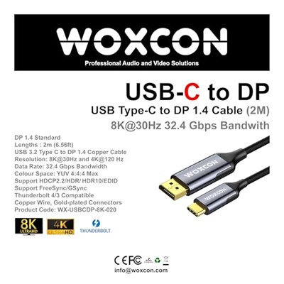 USB-C to Display Port Cable, DP1.4, USB 3.2 Standart, 8K 30Hz, 4K 120Hz Desteği, Thunderbolt 4, Thunderbolt 3, 2 Metre, En Yeni Model