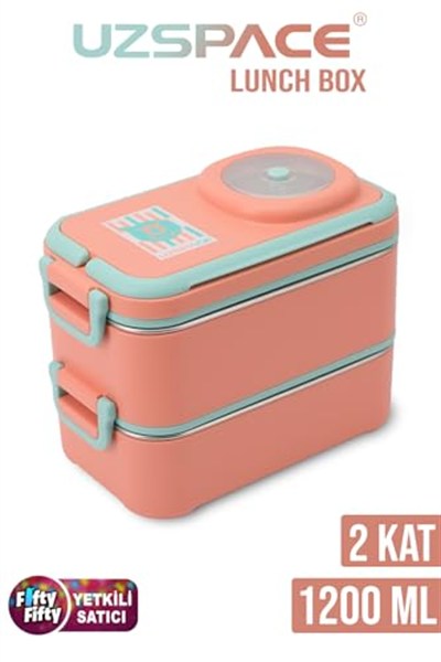 Uzspace 1200 ML İki Kat Dört Bölme Paslanmaz Çelik Lunch Box Yeni Nesil Sefer Tası-Sos Kaseli Model-FFLBOX8023 (Turuncu)