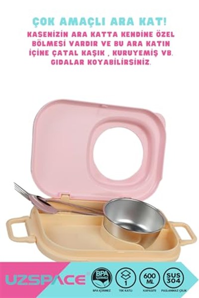 Uzspace Bento 1100ml Lunchbox Tek Katlı 3 Bölmeli Kaseli Çelik Sefer Tası Yemek Kutusu (Açık Pembe-Sarı)