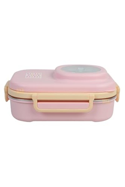 Uzspace Bento 1100ml Lunchbox Tek Katlı 3 Bölmeli Kaseli Çelik Sefer Tası Yemek Kutusu (Açık Pembe-Sarı)