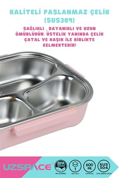 Uzspace Bento 1100ml Lunchbox Tek Katlı 3 Bölmeli Kaseli Çelik Sefer Tası Yemek Kutusu (Açık Pembe-Sarı)