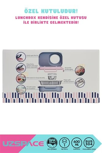 Uzspace Bento 1100ml Lunchbox Tek Katlı 3 Bölmeli Kaseli Çelik Sefer Tası Yemek Kutusu (Açık Pembe-Sarı)