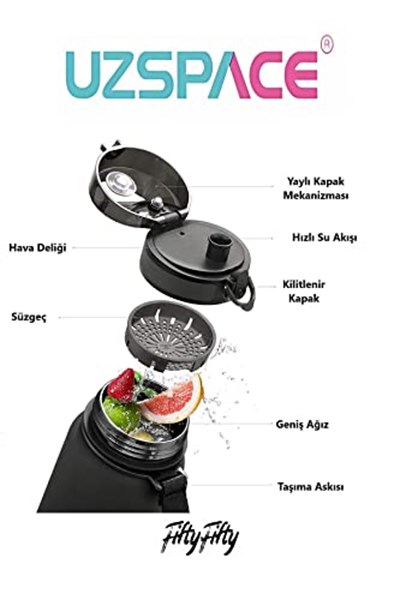 Uzspace Büyük Boy 28 cm 1000 ml 1 litre Tritan Su Matarası 14 Renk FiftyFifty Softtouch