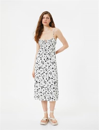 Uzun Elbise Çiçekli İnce Askılı Bağlama Detaylı Fiyonk Detaylı
