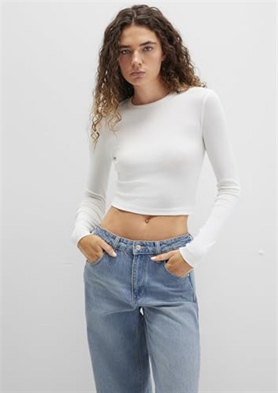 Uzun Kollu Gri Crop Basic Tişört Crop/Kısa Kesim 1612822-88467