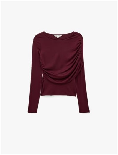 Uzun Kollu Slim Fit Drape Detaylı Tişört - Bedenler: S, X Small, M, L, X Large