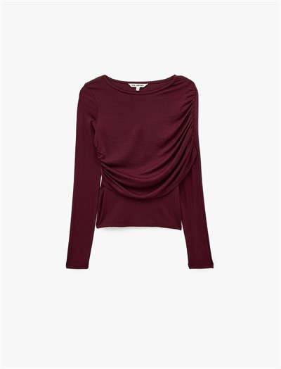 Uzun Kollu Slim Fit Drape Detaylı Tişört - Bedenler: S, X Small, M, L, X Large