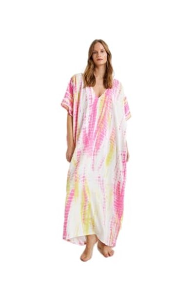 Uzun Plaj Elbisesi Oversize Batik Desenli V Yaka Viskoz Kumaş