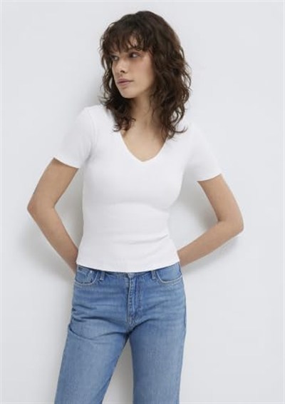 V Yaka Beyaz Basic Tişört Fitted/Vücuda Oturan Kesim 1601040-620