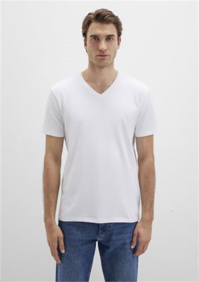 V Yaka Streç Beyaz Basic Tişört Fitted/Vücuda Oturan Kesim 061748-620