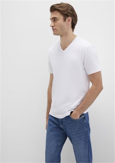 V Yaka Streç Beyaz Basic Tişört Fitted/Vücuda Oturan Kesim 061748-620