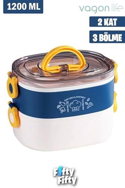 Vagonlife 1200 ML İki Kat Üç Bölme Paslanmaz Çelik Bento Lunch Box Yeni Nesil Sefer Tası-ÇatallıKaşık-FFLBOX50251