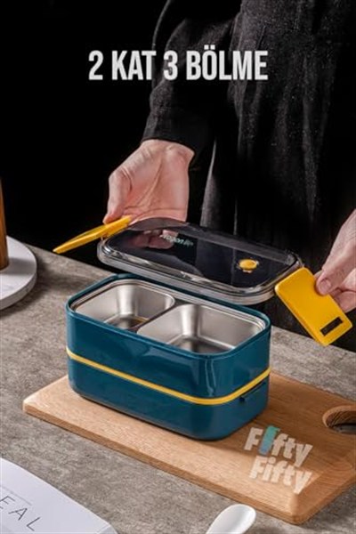 Vagonlife 1400 ML İki Kat Üç Bölme Paslanmaz Çelik Bento Lunch Box Yeni Nesil Sefer Tası -Çatal/Kaşıklı Model-ffbl50002