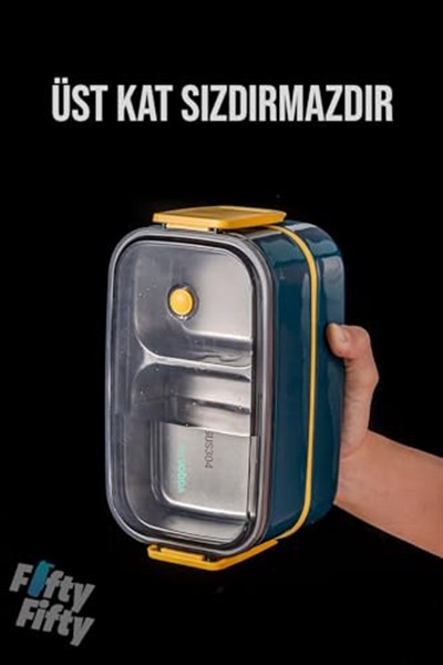 Vagonlife 1400 ML İki Kat Üç Bölme Paslanmaz Çelik Bento Lunch Box Yeni Nesil Sefer Tası -Çatal/Kaşıklı Model-ffbl50002