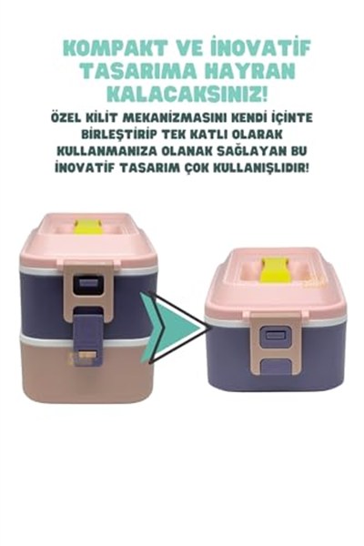 Vagonlife Bento 1000ml Lunchbox 2 Katlı 3 Bölmeli Paslanmaz Çelik Sefer Tası Yemek Kutusu (Pembe-Mor)