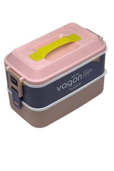 Vagonlife Bento 1000ml Lunchbox 2 Katlı 3 Bölmeli Paslanmaz Çelik Sefer Tası Yemek Kutusu (Pembe-Mor)