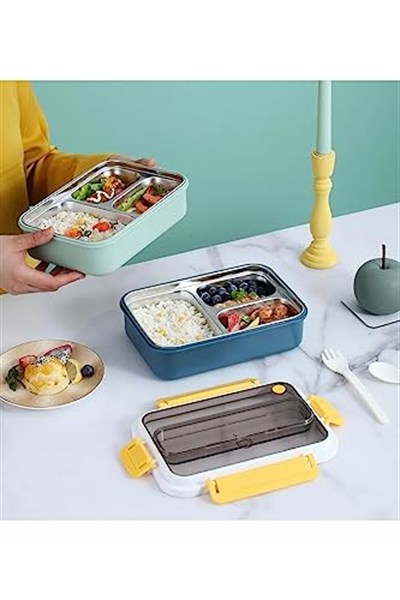 Vagonlife Bento 1000ml Lunchbox Tek Katlı 3 Bölmeli Çelik Sefer Tası Yemek Kutusu (Koyu Yeşil)