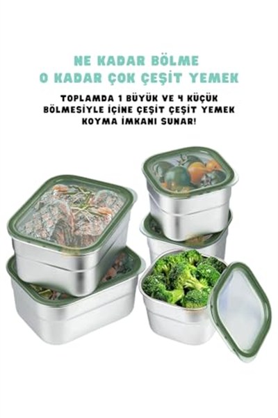 Vagonlife Bento 1000ml Lunchbox Tek Katlı 5 Bölmeli Çelik Sefer Tası Yemek Kutusu (Koyu Yeşil)