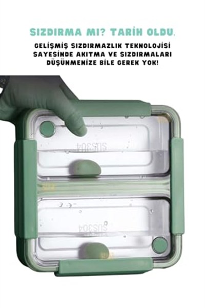 Vagonlife Bento 1100ml Lunchbox Tek Katlı 2 Bölmeli Paslanmaz Çelik Sefer Tası Yemek Kutusu (Yeşil)