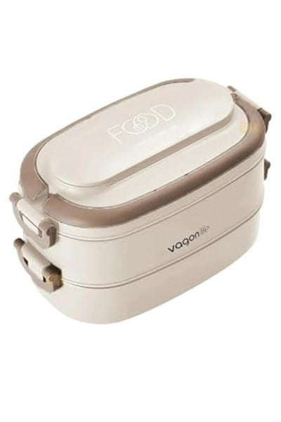Vagonlife Bento 1140ml Lunchbox 2 Katlı 4 Bölmeli Mini Kaseli Çelik Sefer Tası Yemek Kutusu (Bej)