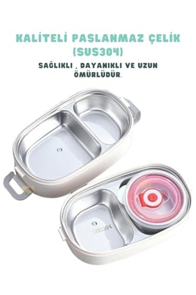 Vagonlife Bento 1140ml Lunchbox 2 Katlı 4 Bölmeli Mini Kaseli Çelik Sefer Tası Yemek Kutusu (Bej)
