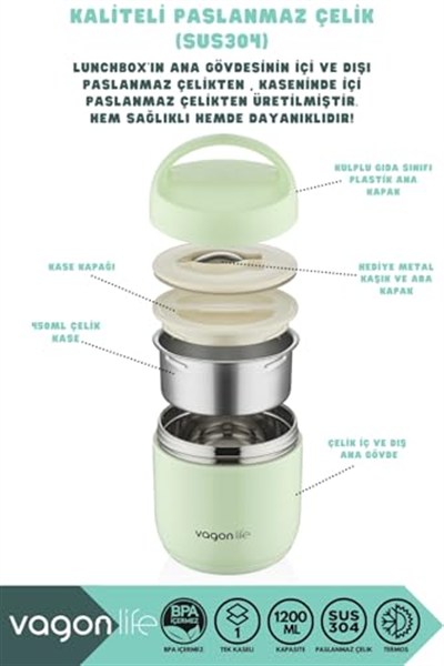 Vagonlife Bento 1200ml Lunchbox 1 Kaseli 4-6 Saat Sıcak/Soğuk Termos Özellikli Çelik Sefer Tası Yemek Kutusu (Yeşil)