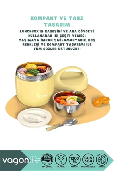 Vagonlife Bento 1200ml Lunchbox 1 Kaseli 4-6 Saat Sıcak/Soğuk Termos Özellikli Çelik Sefer Tası Yemek Kutusu (Yeşil)
