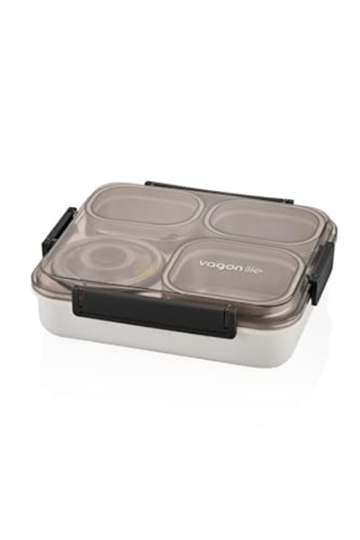 Vagonlife Bento 1200ml Lunchbox Tek Katlı 4 Bölmeli ve Kaseli Çelik Sefer Tası Yemek Kutusu (Siyah)