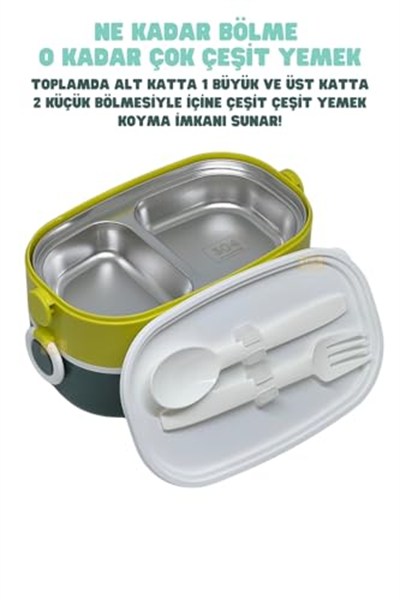 Vagonlife Bento 1300ml Lunchbox 2 Katlı 3 Bölmeli Paslanmaz Çelik Sefer Tası Yemek Kutusu (Koyu Yeşil-Fıstık Yeşili)