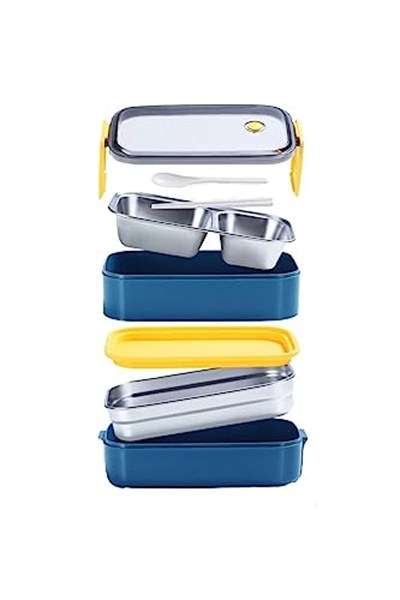Vagonlife Bento 1400ml Lunchbox İki Katlı 2 Bölmeli Çelik Sefer Tası Yemek Kutusu (Lacivert-Sarı)