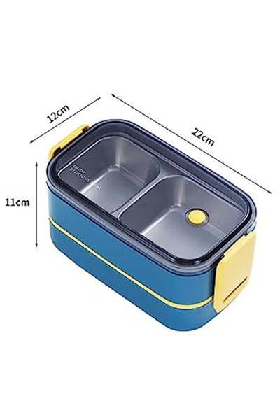 Vagonlife Bento 1400ml Lunchbox İki Katlı 2 Bölmeli Çelik Sefer Tası Yemek Kutusu (Lacivert-Sarı)