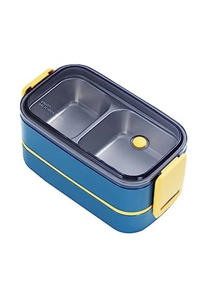 Vagonlife Bento 1400ml Lunchbox İki Katlı 2 Bölmeli Çelik Sefer Tası Yemek Kutusu (Lacivert-Sarı)