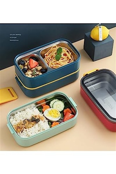 Vagonlife Bento 1400ml Lunchbox İki Katlı 2 Bölmeli Çelik Sefer Tası Yemek Kutusu (Lacivert-Sarı)