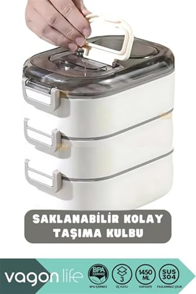 Vagonlife Bento 1450ml Lunchbox Üç Katlı 5 Bölmeli ve Mini Sosluklu Çelik Sefer Tası Yemek Kutusu (Yeşil)