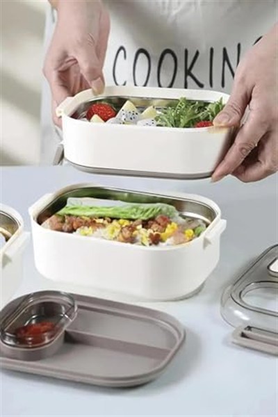 Vagonlife Bento 1450ml Lunchbox Üç Katlı 5 Bölmeli ve Mini Sosluklu Çelik Sefer Tası Yemek Kutusu (Yeşil)