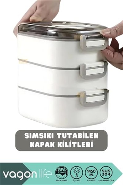 Vagonlife Bento 1450ml Lunchbox Üç Katlı 5 Bölmeli ve Mini Sosluklu Çelik Sefer Tası Yemek Kutusu (Yeşil)