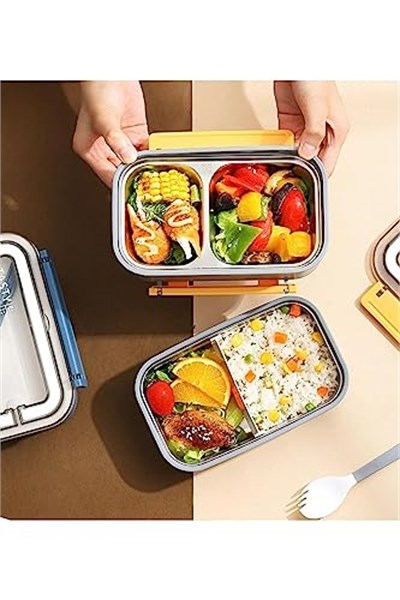 Vagonlife Bento 1600ml Lunchbox 2 Katlı 4 Bölmeli Çelik Sefer Tası Yemek Kutusu (Gri)
