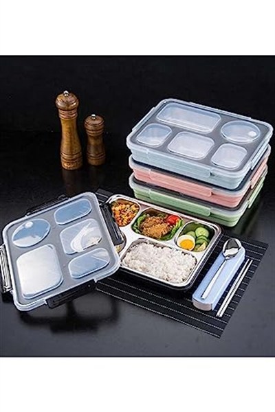 Vagonlife Bento 1600ml Lunchbox Tek Katlı 5 Bölmeli Çelik Sefer Tası Yemek Kutusu (Siyah)