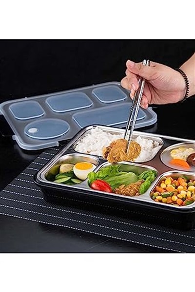 Vagonlife Bento 1600ml Lunchbox Tek Katlı 5 Bölmeli Çelik Sefer Tası Yemek Kutusu (Siyah)